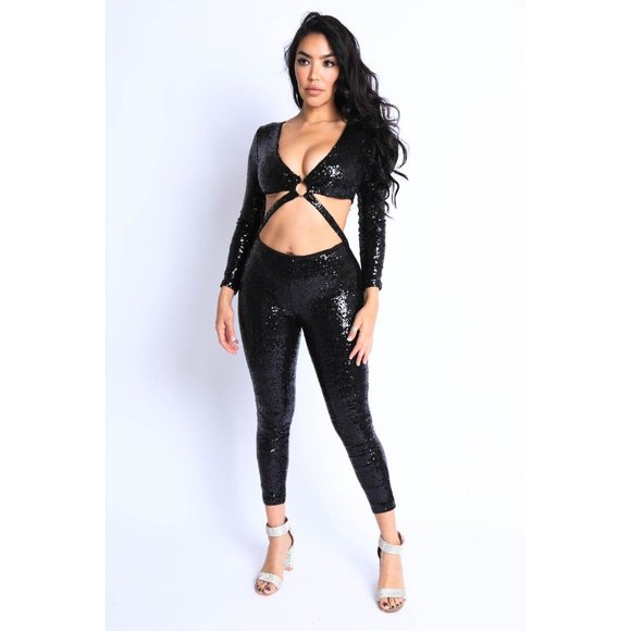 Women's Front O Ring Point Sequin Jumpsuit - Picture 8 of 8